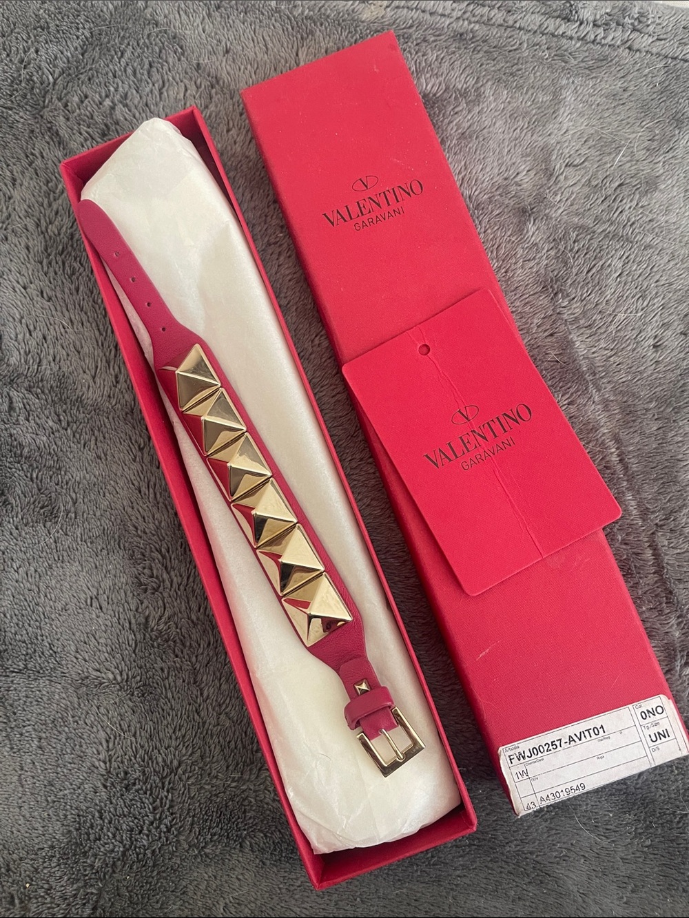 Valentino Garavani Red Leather Bracelet with Gold Pyramid Studs